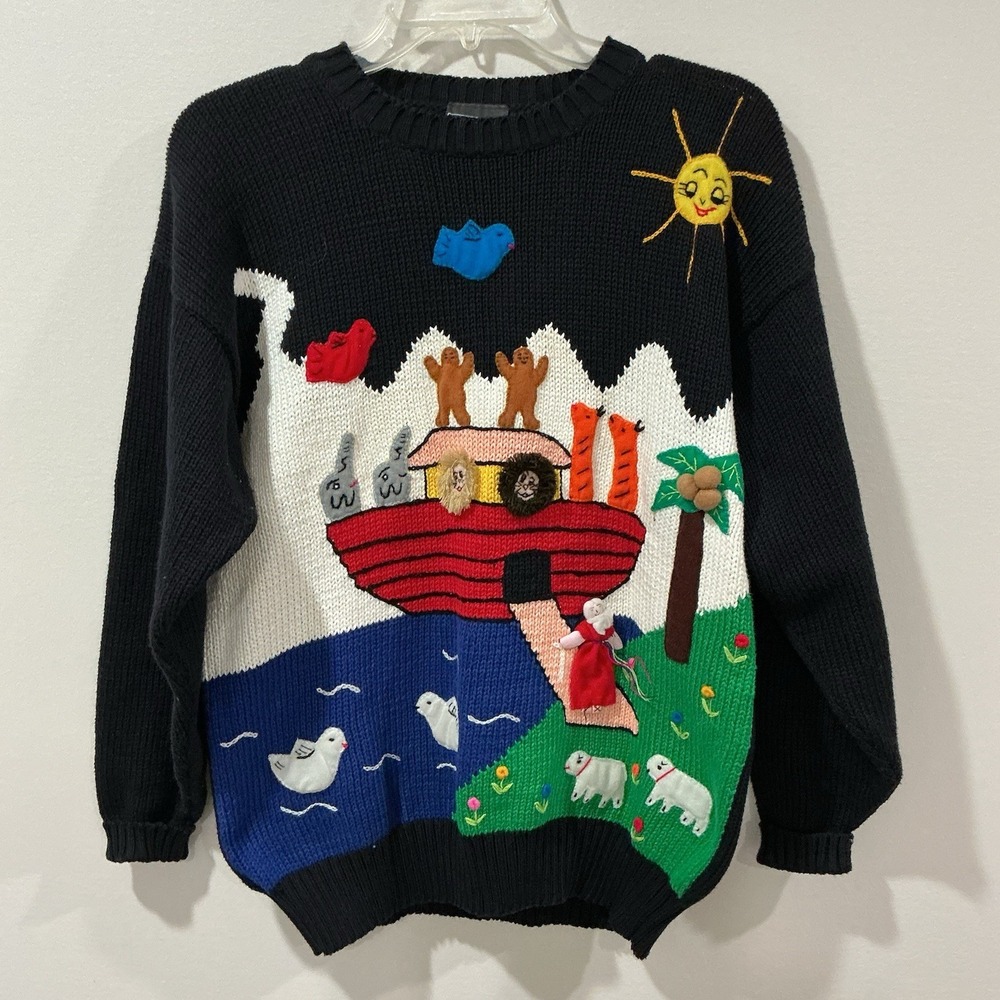 Vintage 80s Noah's Ark Knit Sweater Size Large Black Embroidered Grannycore
